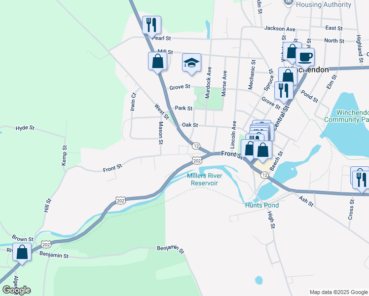 map of restaurants, bars, coffee shops, grocery stores, and more near 35 School Street in Winchendon