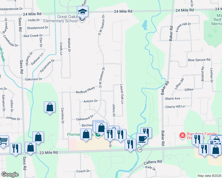 map of restaurants, bars, coffee shops, grocery stores, and more near 51857 Johns Drive in New Baltimore