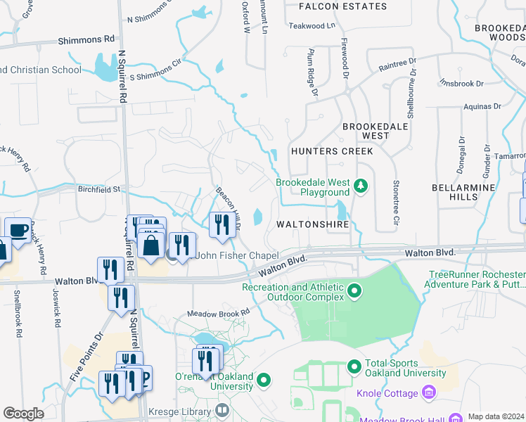 map of restaurants, bars, coffee shops, grocery stores, and more near 2665 Greenstone Boulevard in Auburn Hills
