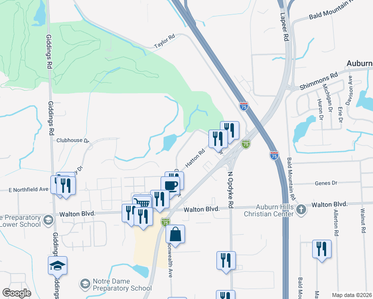 map of restaurants, bars, coffee shops, grocery stores, and more near 2730 Glenrose Street in Auburn Hills