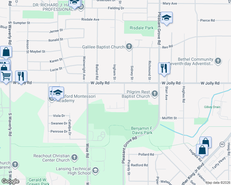 map of restaurants, bars, coffee shops, grocery stores, and more near 2615 West Jolly Road in Lansing