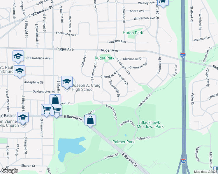 map of restaurants, bars, coffee shops, grocery stores, and more near 320 Winnebago Drive in Janesville