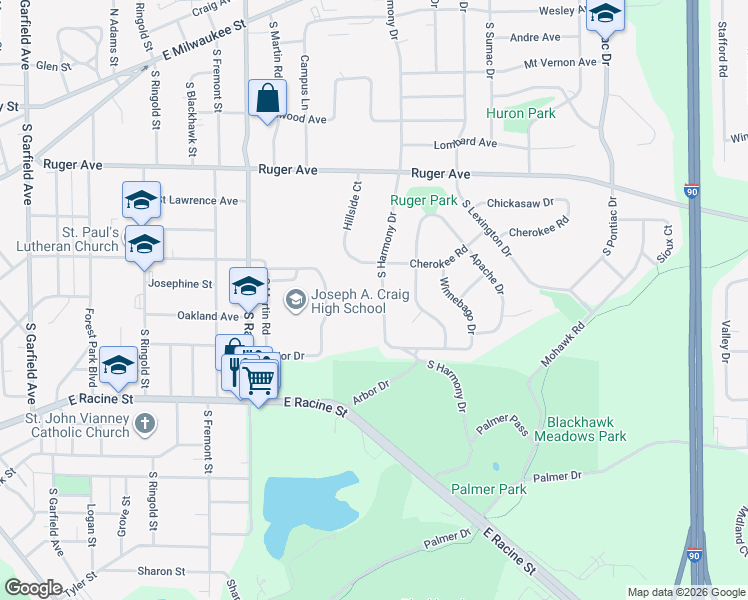 map of restaurants, bars, coffee shops, grocery stores, and more near 242 Hillside Court in Janesville