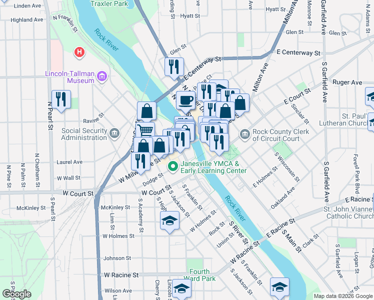 map of restaurants, bars, coffee shops, grocery stores, and more near 1502 Ice Age National Scenic Trail in Janesville