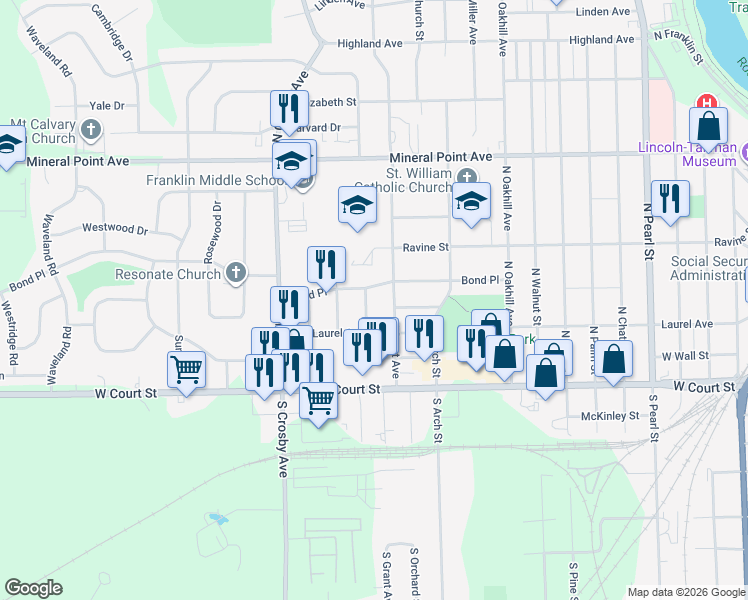 map of restaurants, bars, coffee shops, grocery stores, and more near 2217 Bond Place in Janesville