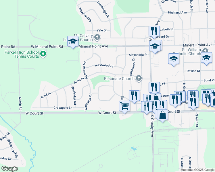 map of restaurants, bars, coffee shops, grocery stores, and more near 2810 Cortland Drive in Janesville