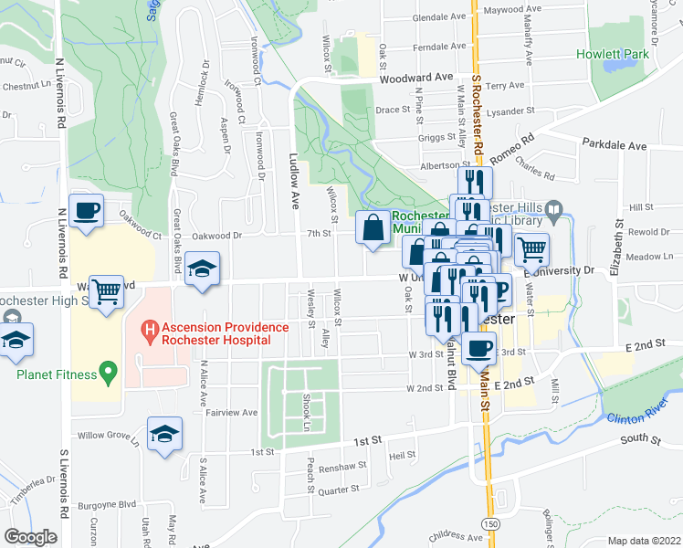 map of restaurants, bars, coffee shops, grocery stores, and more near 532 West University Drive in Rochester