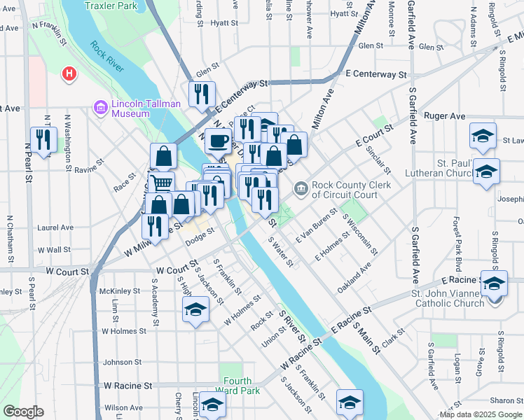 map of restaurants, bars, coffee shops, grocery stores, and more near 36 South Main Street in Janesville