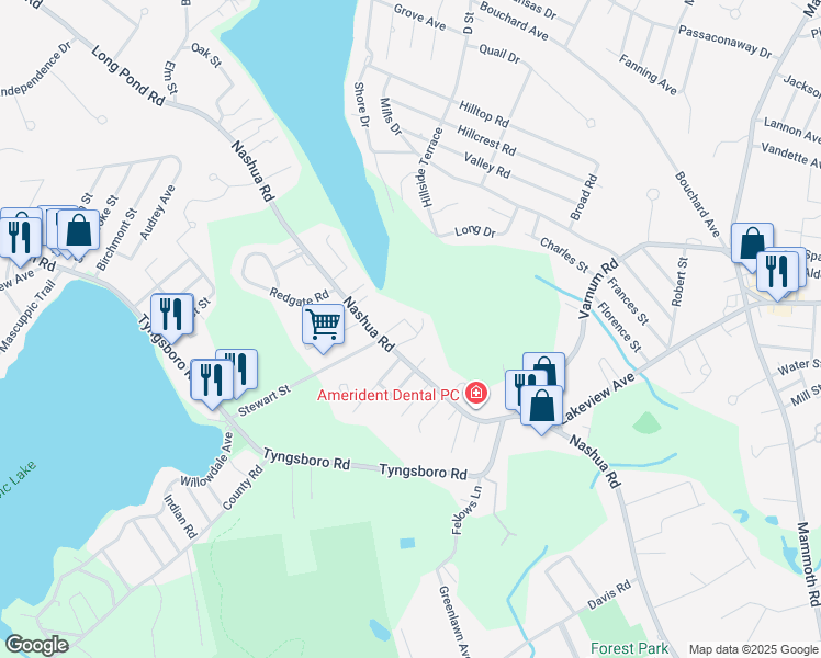 map of restaurants, bars, coffee shops, grocery stores, and more near 615 Nashua Road in Dracut