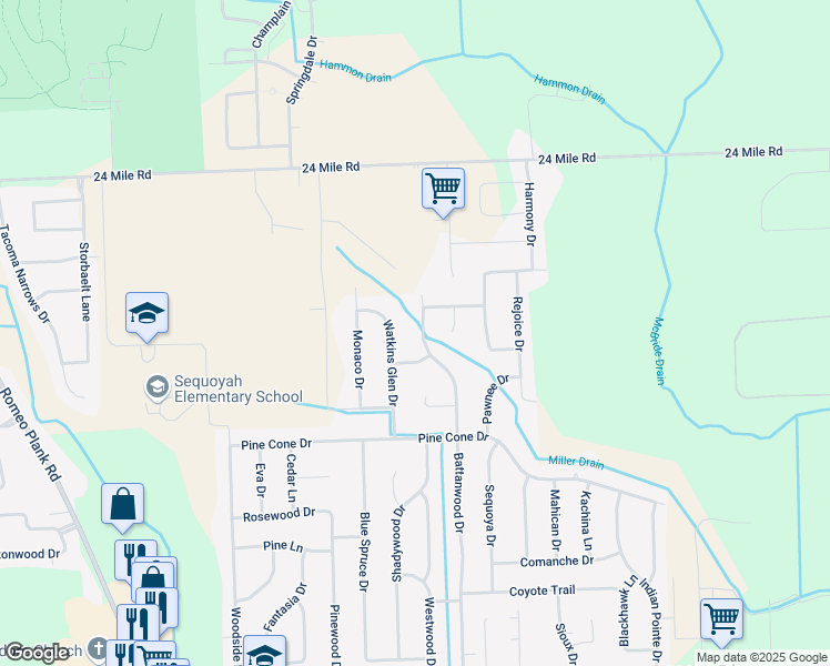 map of restaurants, bars, coffee shops, grocery stores, and more near 52477 Battanwood Drive in Macomb