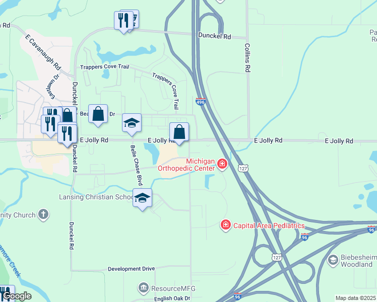 map of restaurants, bars, coffee shops, grocery stores, and more near 3499-3413 Pine Tree Road in Lansing