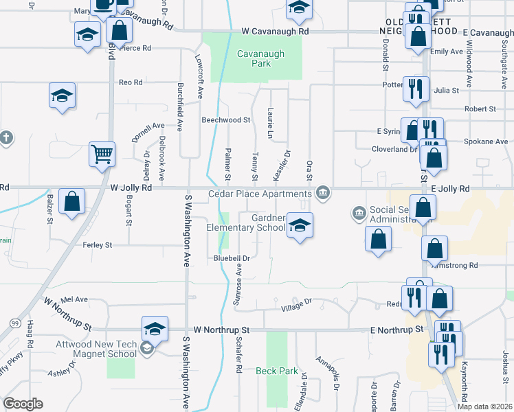 map of restaurants, bars, coffee shops, grocery stores, and more near 401 West Jolly Road in Lansing