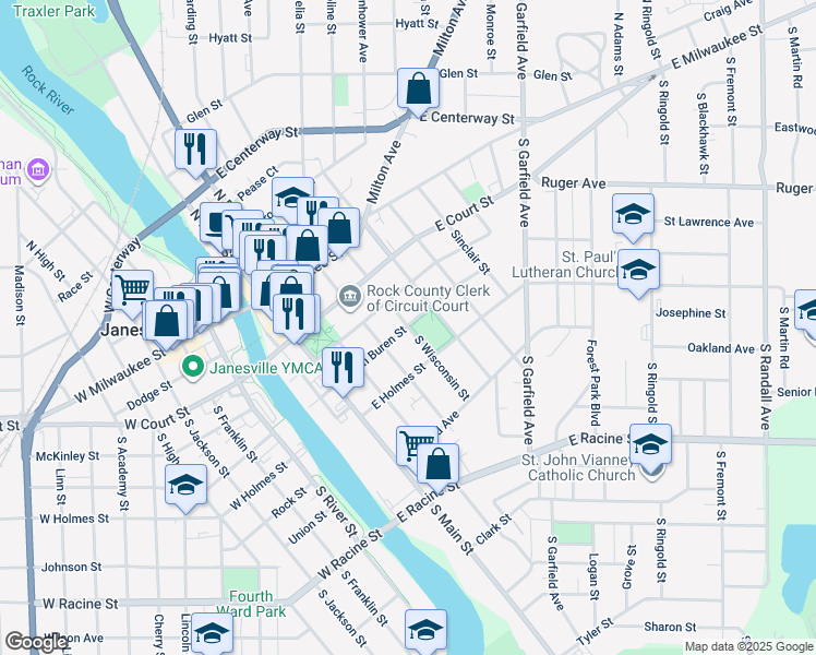 map of restaurants, bars, coffee shops, grocery stores, and more near 203 South Wisconsin Street in Janesville
