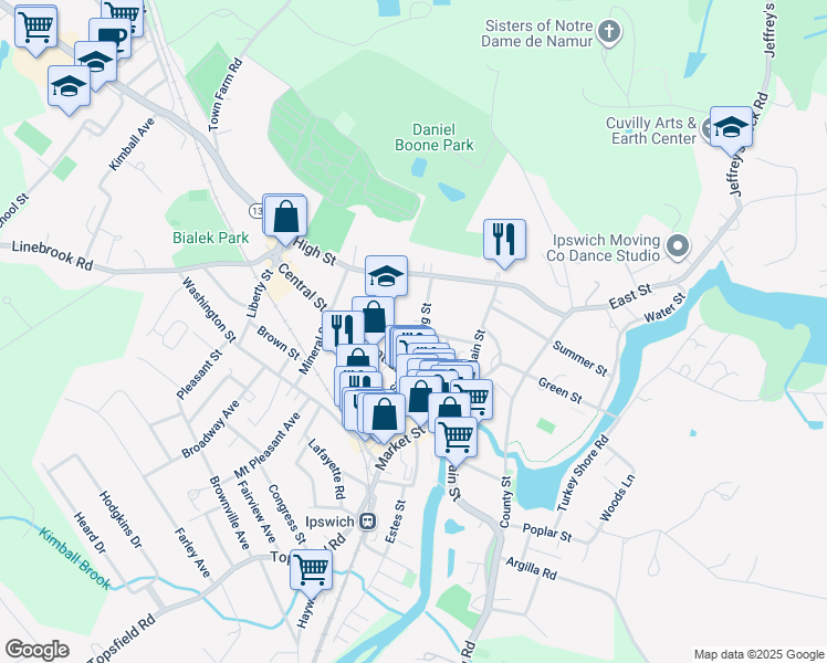 map of restaurants, bars, coffee shops, grocery stores, and more near 14 Manning Street in Ipswich