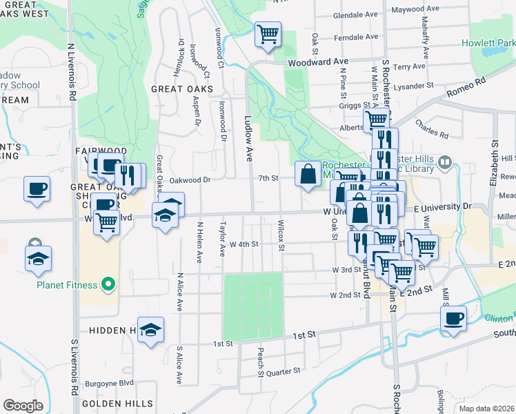 map of restaurants, bars, coffee shops, grocery stores, and more near 516 Ludlow Avenue in Rochester