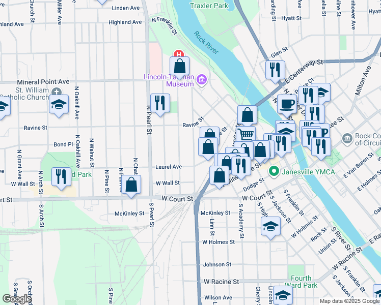 map of restaurants, bars, coffee shops, grocery stores, and more near 225 Madison Street in Janesville