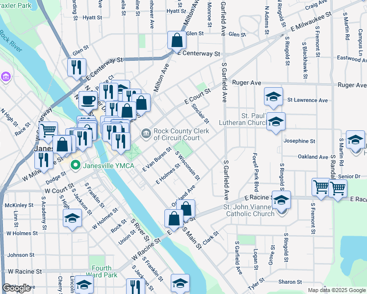 map of restaurants, bars, coffee shops, grocery stores, and more near 212 South Atwood Avenue in Janesville