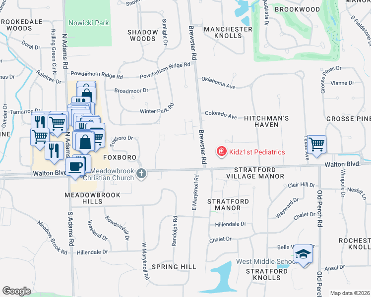 map of restaurants, bars, coffee shops, grocery stores, and more near 2566 Walton Boulevard in Rochester Hills