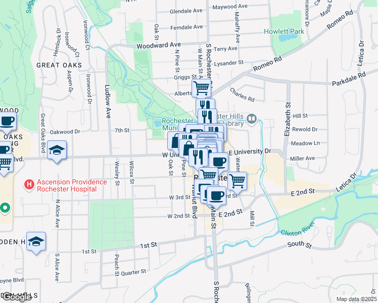 map of restaurants, bars, coffee shops, grocery stores, and more near 210 West University Drive in Rochester