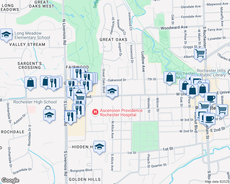 map of restaurants, bars, coffee shops, grocery stores, and more near 1050 West University Drive in Rochester Hills