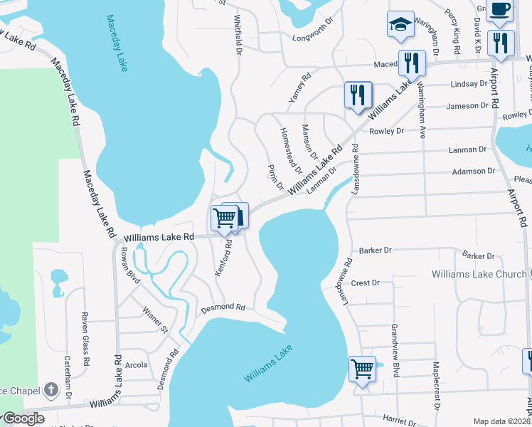 map of restaurants, bars, coffee shops, grocery stores, and more near 6815 Williams Lake Road in Oakland County