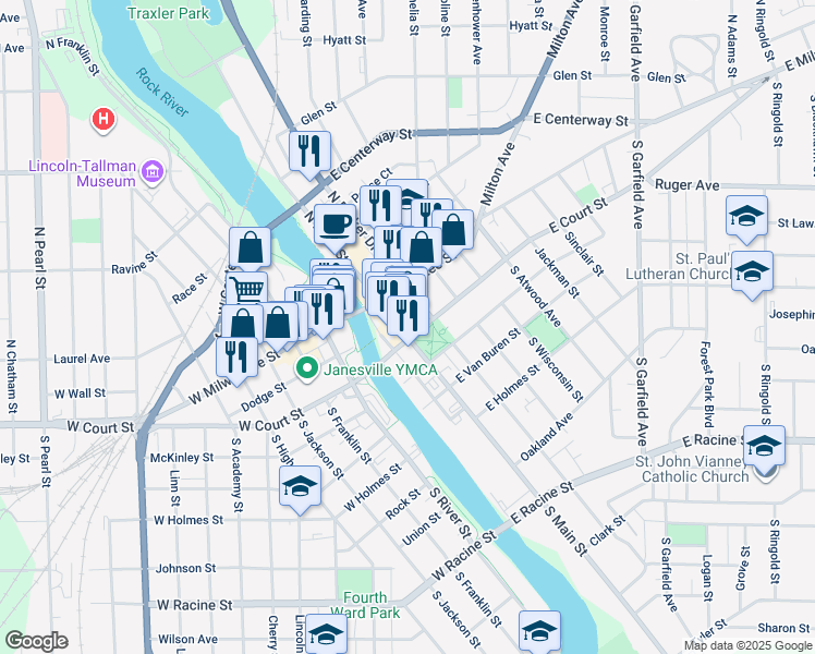 map of restaurants, bars, coffee shops, grocery stores, and more near 33 South Main Street in Janesville