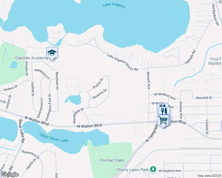 map of restaurants, bars, coffee shops, grocery stores, and more near 1636 Marshbank Drive in Pontiac