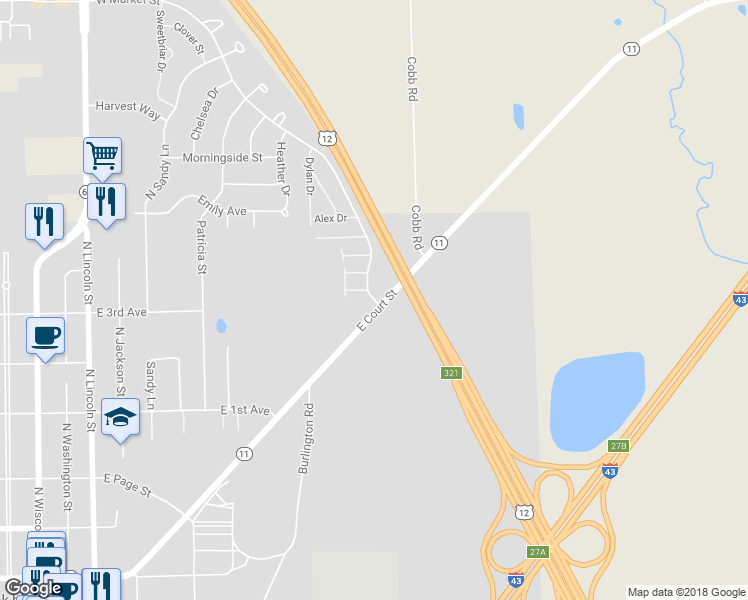 map of restaurants, bars, coffee shops, grocery stores, and more near 605 East Market Street in Elkhorn