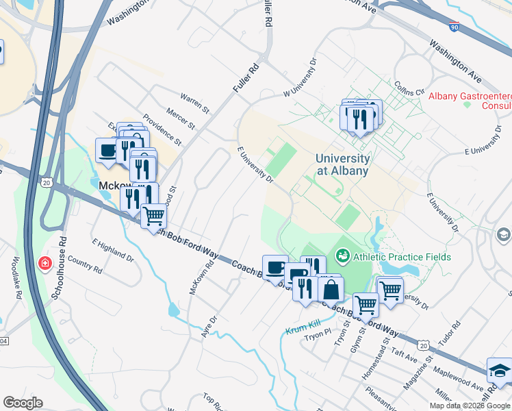 map of restaurants, bars, coffee shops, grocery stores, and more near 100-200 Nicholas Lane in Albany