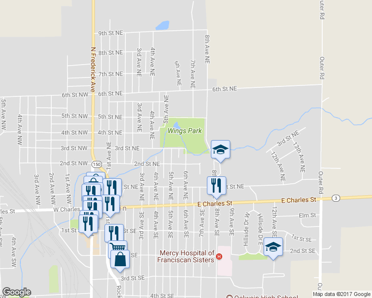 map of restaurants, bars, coffee shops, grocery stores, and more near 3rd Street Northeast in Oelwein