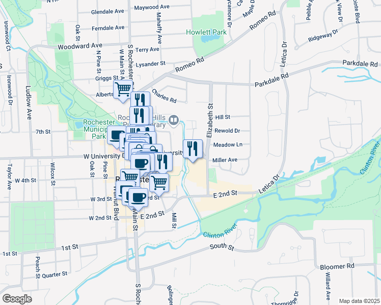 map of restaurants, bars, coffee shops, grocery stores, and more near 507 East University Drive in Rochester