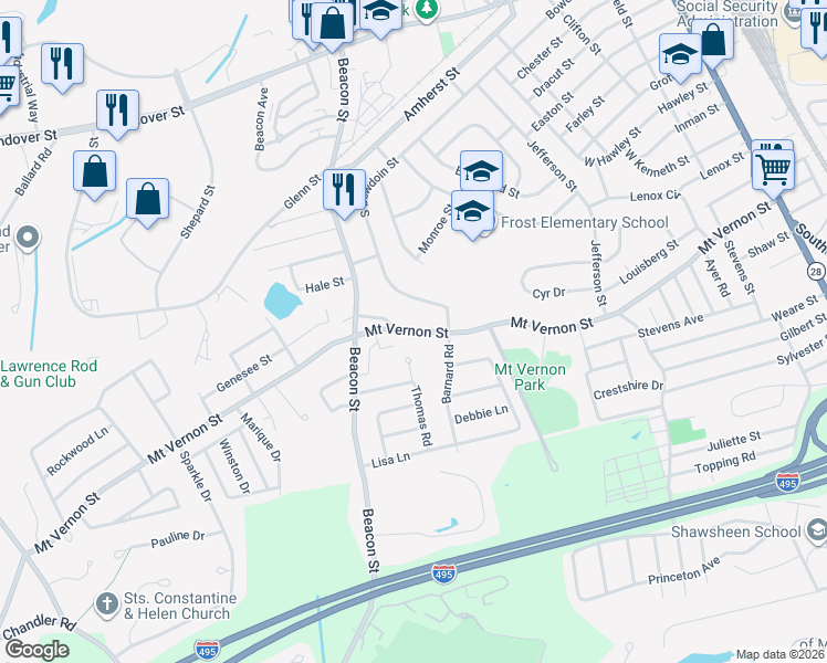 map of restaurants, bars, coffee shops, grocery stores, and more near 218 Mount Vernon Street in Lawrence