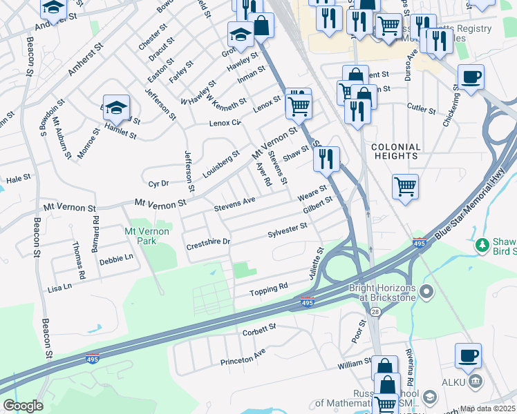 map of restaurants, bars, coffee shops, grocery stores, and more near 123 Weare Street in Lawrence