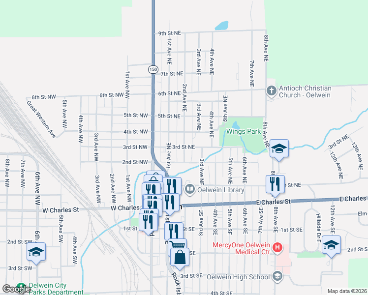 map of restaurants, bars, coffee shops, grocery stores, and more near 199 3rd Street Northeast in Oelwein