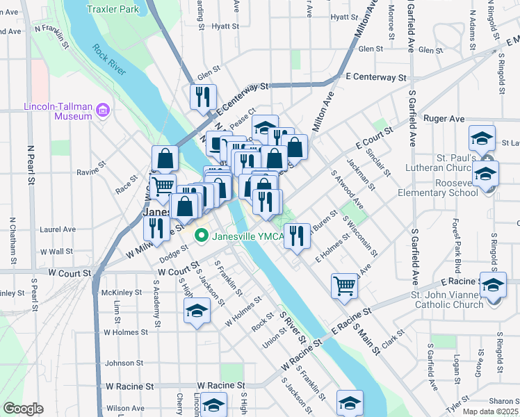 map of restaurants, bars, coffee shops, grocery stores, and more near 33 South Main Street in Janesville