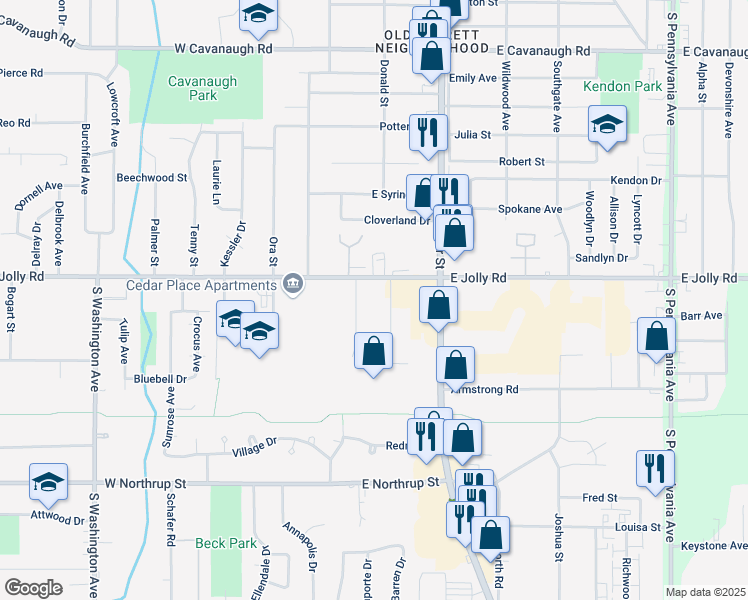 map of restaurants, bars, coffee shops, grocery stores, and more near 5100-5298 Jolly Cedar Ct in Lansing