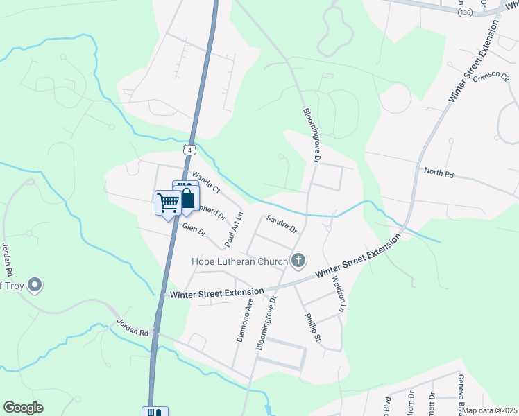 map of restaurants, bars, coffee shops, grocery stores, and more near 105 Sandra Drive in Troy