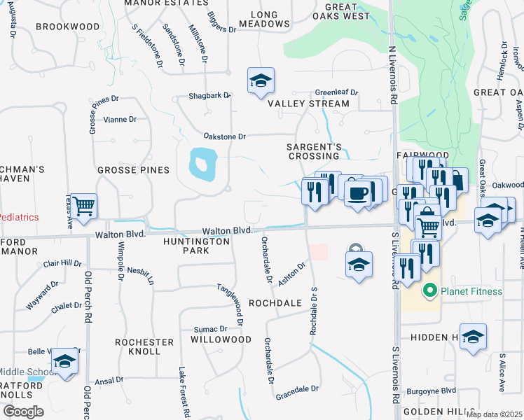 map of restaurants, bars, coffee shops, grocery stores, and more near 1480 Walton Boulevard in Rochester Hills