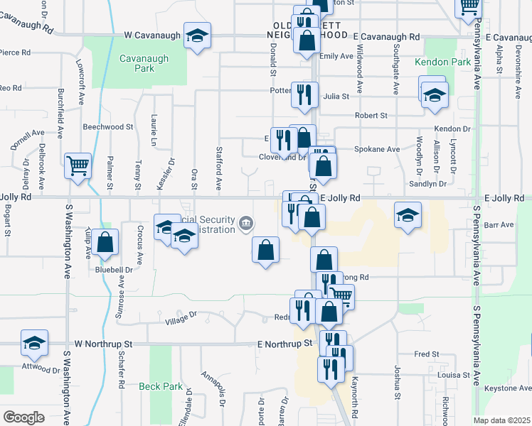 map of restaurants, bars, coffee shops, grocery stores, and more near 5100-5298 Jolly Cedar Ct in Lansing