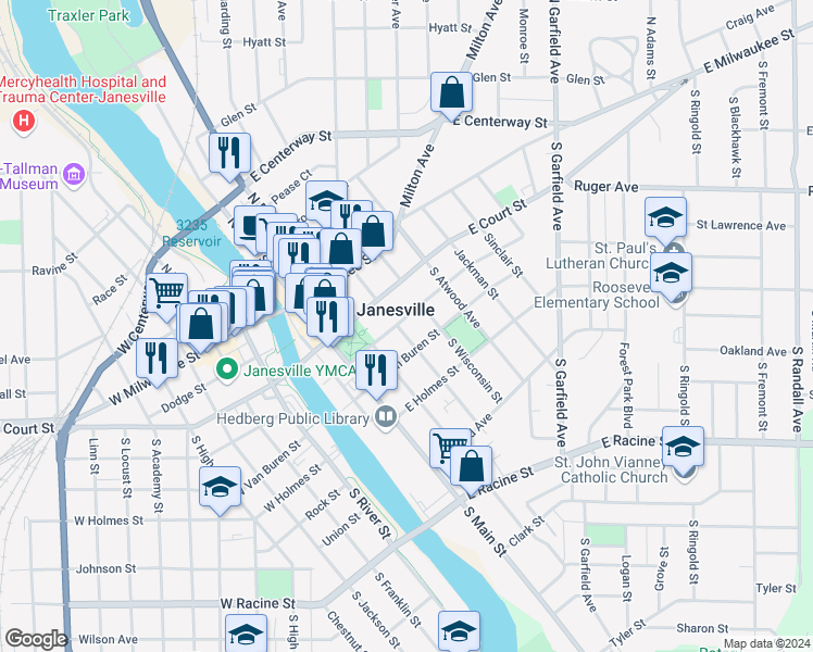 map of restaurants, bars, coffee shops, grocery stores, and more near in Janesville