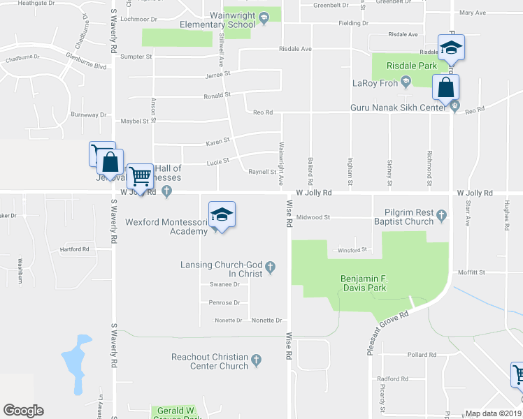 map of restaurants, bars, coffee shops, grocery stores, and more near 3205 West Jolly Road in Lansing