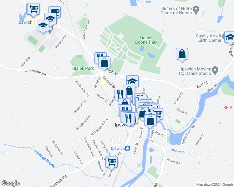 map of restaurants, bars, coffee shops, grocery stores, and more near 92 Central Street in Ipswich