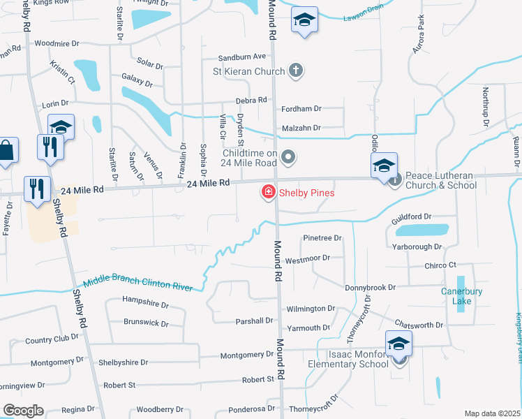 map of restaurants, bars, coffee shops, grocery stores, and more near 52811 Mound Road in Macomb County