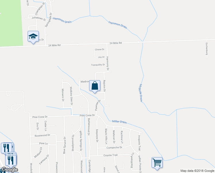 map of restaurants, bars, coffee shops, grocery stores, and more near 52348 Rejoice Drive in Macomb