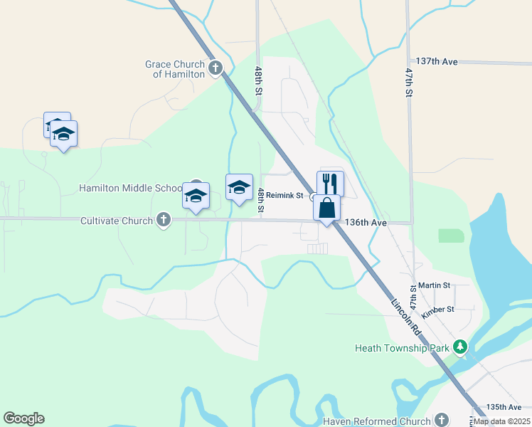 map of restaurants, bars, coffee shops, grocery stores, and more near 4793 136th Avenue in Hamilton
