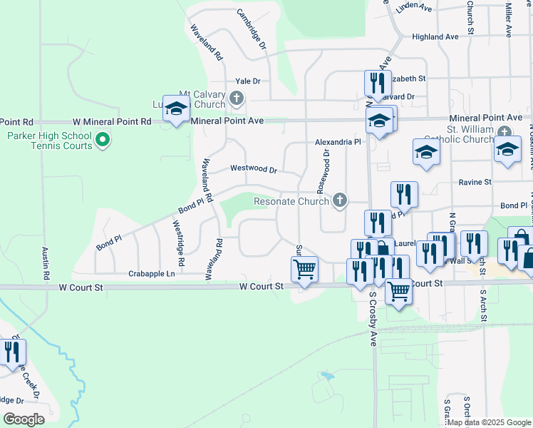 map of restaurants, bars, coffee shops, grocery stores, and more near 2810 Cortland Drive in Janesville