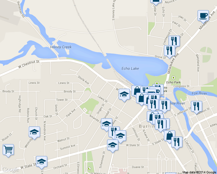 map of restaurants, bars, coffee shops, grocery stores, and more near 313 West Chestnut Street in Burlington