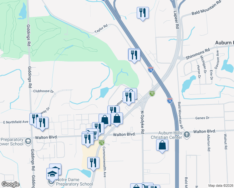 map of restaurants, bars, coffee shops, grocery stores, and more near 2730 Glenrose Street in Auburn Hills