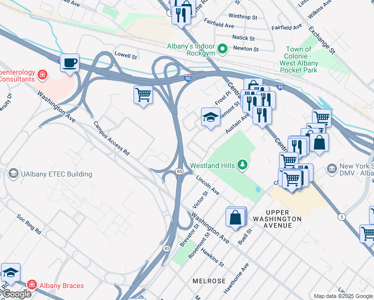 map of restaurants, bars, coffee shops, grocery stores, and more near 30 Lyric Avenue in Albany