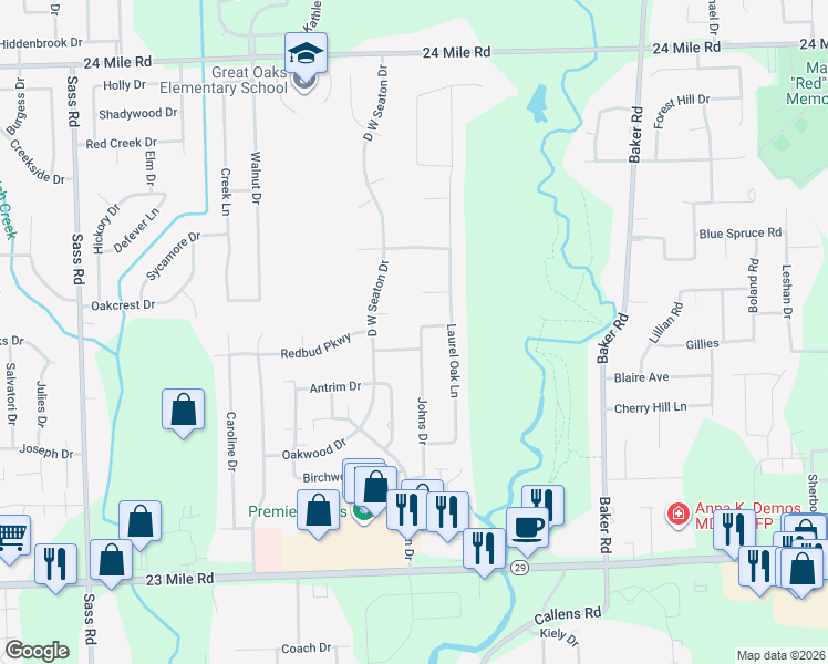 map of restaurants, bars, coffee shops, grocery stores, and more near 51857 Johns Drive in New Baltimore
